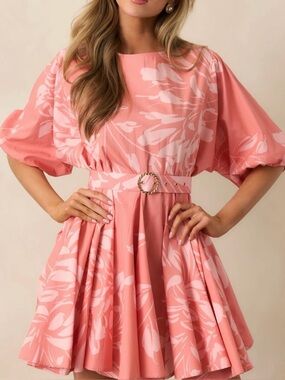 Coral Pink Floral Belted Fit-and-Flare Dress